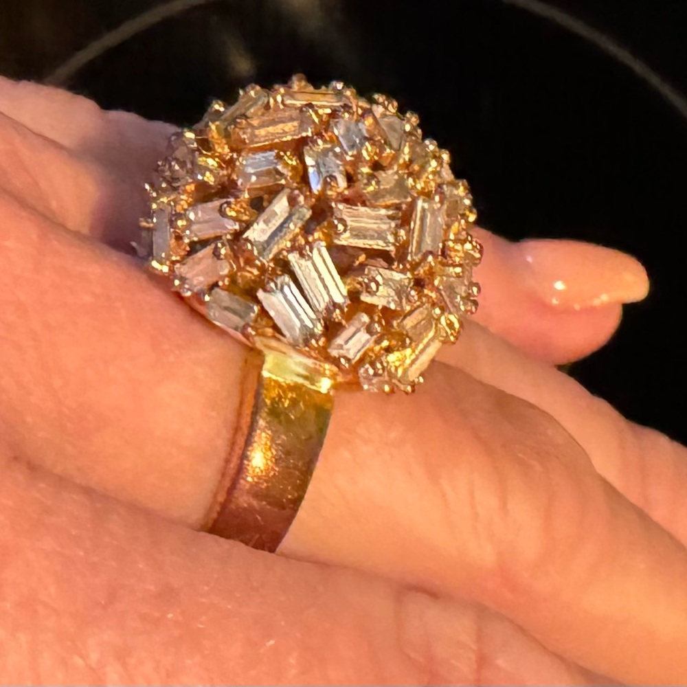 Large Gold rhinestone “ball” ring w/ rectangle muted rhinestones pieces -Size 8 - Picture 1 of 11